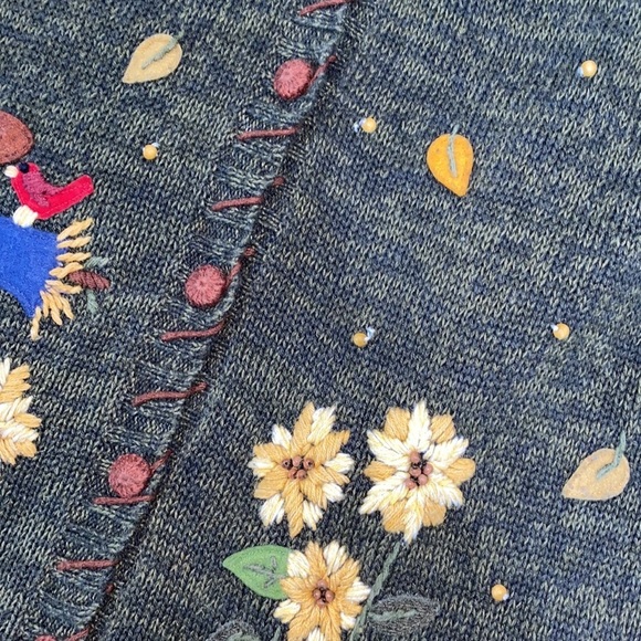 Vintage collectible green Fall scarecrow & pumpkins embroidered vest size medium - Picture 8 of 9